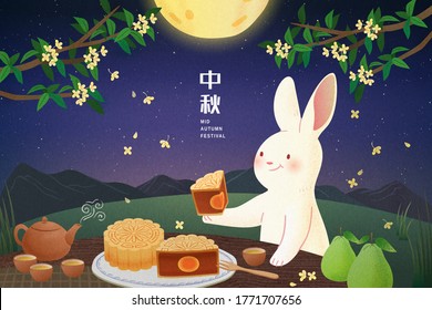 Cute rabbit enjoying tasty mooncake with romantic moon scenery, greeting card, translation: Mid-Autumn Festival