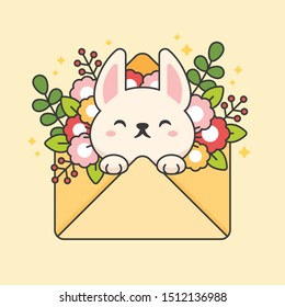 Cute rabbit in an envelope with flowers and leaves hand drawn cartoon animal character. Hand drawing vector. Cartoon character design.