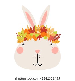 Cute rabbit face in autumn leaves crown character illustration. Hand drawn animal, Scandinavian style flat design, isolated vector. Kids autumn, fall print, element, seasonal activity