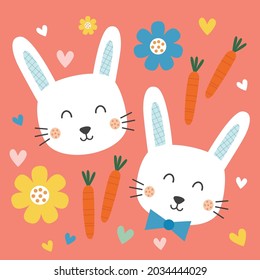 Cute rabbit face with carrot and flower design