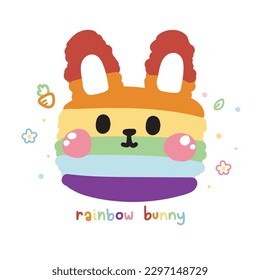 Cute rabbit face with carrot and flower tiny icon in rainbow color.Pride month.Wild animal.Easter day.Kawaii.Vector.Illustration.