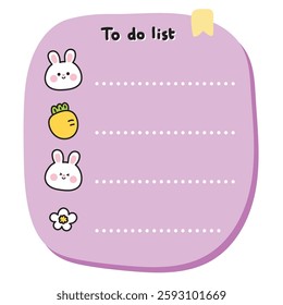 Cute rabbit face carrot and flower on paper note.To do list.Stationary.Writing.Rodent animal character cartoon design.Kawaii.Vector.Illustration.