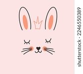 Cute Rabbit face. Cartoon animal simple portrait, vector illustration.