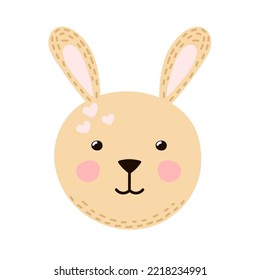 Cute rabbit face in cartoon style. Forest character head for baby and kids design. Funny smiling animal print. Vector illustration