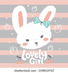 Cute rabbit face and cherry fruit on striped background illustration vector.