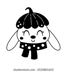 Clipart de rosto de coelho. Bonito preto e branco cabeça de coelho clipart doodle. Caráter animal de outono. Ilustração vetorial desenhada à mão em estilo plano