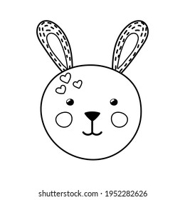 Cute rabbit face coloring page for kids. Funny bunny black and white print in cartoon style. Vector illustration
