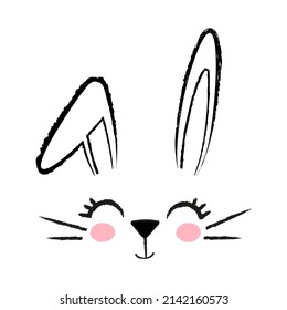 Cute rabbit face with a curved ear in doodle style. The cartoon outline of the hare's head is hand-drawn with a pencil texture. Cute character for Easter, decoration of children's rooms and objects