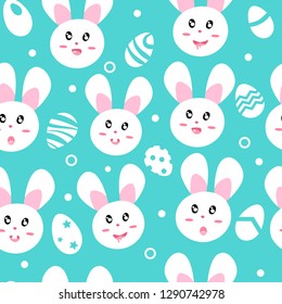 Cute rabbit face, egg and spot seamless pattern Happy Easter, cartoon for kids and baby texture background vector