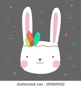 Cute rabbit face with flower crown for banner and greeting card design. Vector illustration.