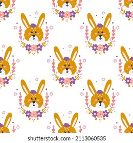 Cute rabbit face with flowers on white background, vector seamless pattern in flat hand drawn style.