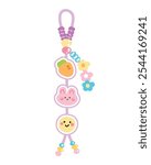 Cute rabbit face keychain bag with various shape bead.Carrot,smile face,flower hand drawn.Rodent animal cartoon.Kawaii.Vector.Illustration.