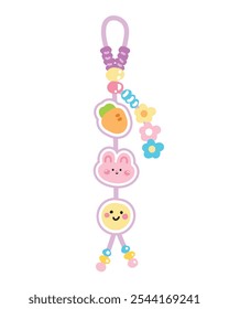 Cute rabbit face keychain bag with various shape bead.Carrot,smile face,flower hand drawn.Rodent animal cartoon.Kawaii.Vector.Illustration.