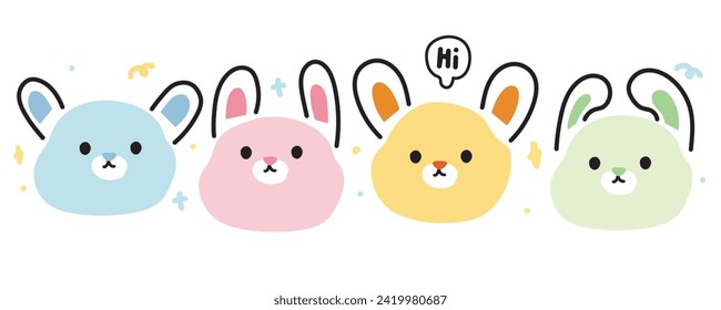 Cute rabbit face line hand drawn style.Collection of cute rodent cartoon design.Bunny.Image for card,poster,baby clothing.Easter.Kawaii.Vector.Illustration.