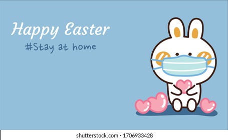 Cute rabbit with face mask protect from coronavirus,covid-19 on blue background.Happy easter banner.Stay at home writing.Cartoon character design.Hand drawn.Animal doodle.Vector.Illustration.