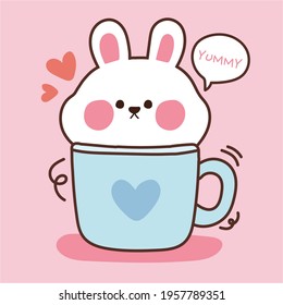 Cute of rabbit face on cup in cartoon.Pink background.Animal character design.Kid graphic.Sticker.Art.Image.Isolated.Kawaii.Vector.Illustration.