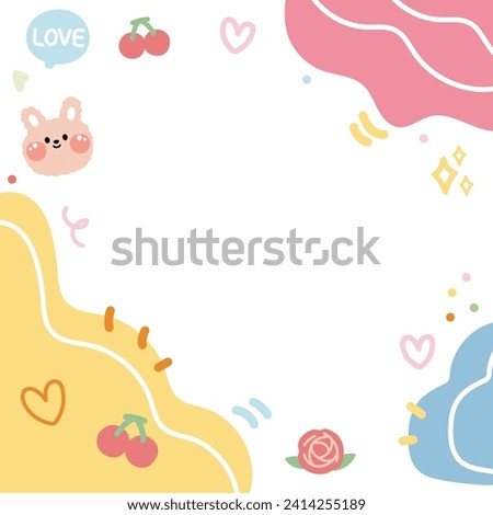 Cute rabbit face pastel frame with tiny icon.Stationary DIY design.Memo paper.Bunny,heart,cherry,rose,heart  hand drawn.Animal character cartoon.Kawaii.Vector.Illustration.
