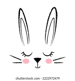 Cute rabbit face with raised ears, doodle style. Hare's head, cartoon outline, hand-drawn, pencil texture. Character for Easter, decoration of children's rooms. Symbol year 2023, Chinese horoscope