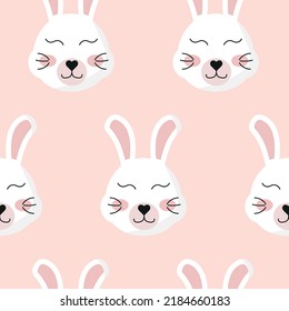 Cute rabbit face seamless pattern, hare muzzle, head.   Cartoon vector illustration. Girl texture, background, wallpapers, ornament. Childish design of wrapping paper, fabric, textile, graphic, print