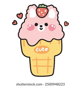 Cara linda del conejo con la fruta de fresa en el cono del helado. Postre, dulce, comida. Pascua. Diseño de dibujos animados del carácter animal del roedor. Kawaii. Vector. Ilustración.