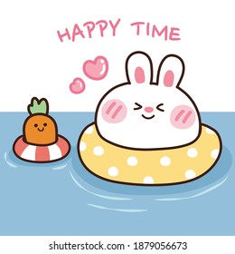 Cute rabbit face in swimming ring with carrot.Summer concept.Animals cartoon character.Graphic design.Kawaii.Vacations.Pool. Sea.Relax.Vector.Illustration.Illustrator.