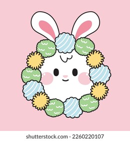 Cute rabbit face wreath on pink background.Easter day.Animal character design.Pompoms.Spring.Kawaii.Vector.Illustration.