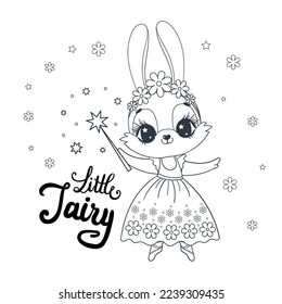 Un hada de conejo. Texto pequeño hada. Imagen lineal en blanco y negro. Para el diseño de los niños de colorear libros, impresiones, carteles, tarjetas, rompecabezas, etc. Vector