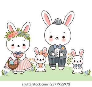 A cute rabbit family in a blooming meadow. Parents and children are rabbits. Bunny mom holds a basket of Easter eggs.  Vector illustration.