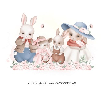 Cute Rabbit Family at Garden Full of Flowers