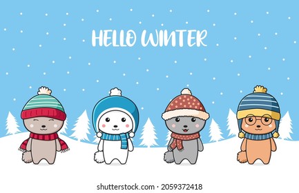 Cute rabbit family greeting hello winter cartoon doodle card background illustration flat cartoon style