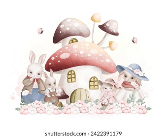 Cute Rabbit Family with Mushroom House and Flowers