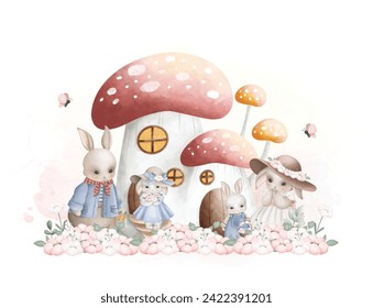 Cute-Kaninchen-Familie mit Mushroom-Haus und Blumen