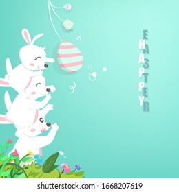 Cute rabbit with family playing in garden, greeting card, Happy Easter, cartoon invitation background, culture and religion vector illustration