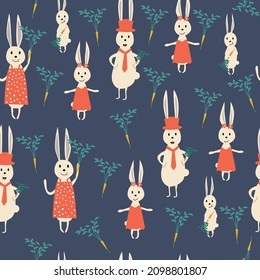 Cute rabbit family. Seamless pattern of cute rabbits and carrots. Vector illustration. 