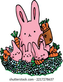 cute rabbit family Warm in the middle of beautiful flowers with carrots