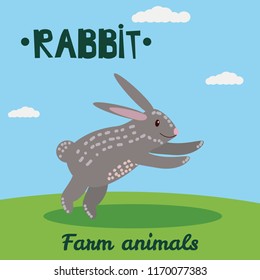 Cute Rabbit farm animal character, farm animals, vector illustration on field background. Cartoon style, isolated