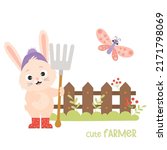Cute rabbit farmer. Funny bunny in rubber boots with garden tool with pitchfork near wooden fence with butterfly. Vector illustration for kids collection, postcards, design, farm decor and prints
