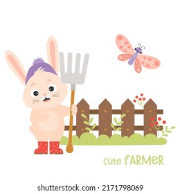 Cute rabbit farmer. Funny bunny in rubber boots with garden tool with pitchfork near wooden fence with butterfly. Vector illustration for kids collection, postcards, design, farm decor and prints