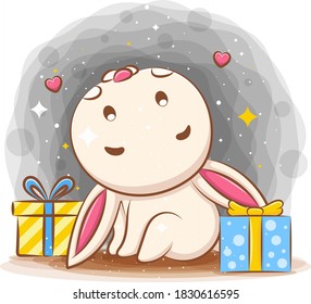 Cute rabbit feeling happy with two gifts of illustration
