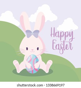 cute rabbit female with egg of easter in landscape