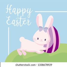 cute rabbit female with egg of easter in landscape