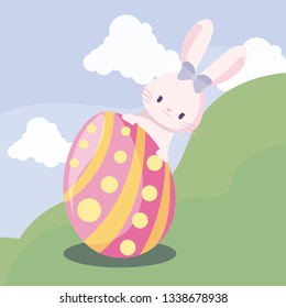 cute rabbit female with egg of easter in landscape
