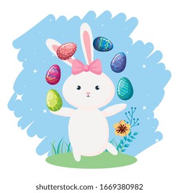 cute rabbit female with eggs decorated vector illustration design