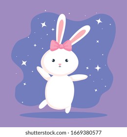 süßes Kaninchenweibchen auf violettem Hintergrund Vektorillustration Design