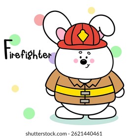 Cute Rabbit Firefighter Cartoon Vector Icon Illustration. Kawaii Bunny Animal job. Flat Character Style. Happy Occupation Kid.