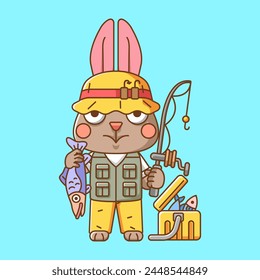 Cute rabbit fisher fishing animal chibi character mascot icon flat line art style illustration concept cartoon set