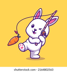 Cute Rabbit Fishing Carrot Cartoon Vector Icon Illustration. Animal Nature Icon Concept Isolated Premium Vector. Flat Cartoon Style