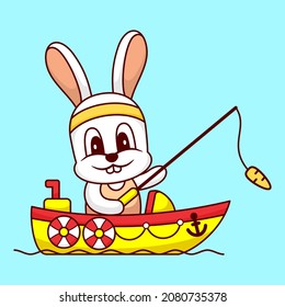 Cute Rabbit Fishing on a Boat Cartoon Vector Icon Illustration. Animal Transportation Icon Concept Isolated Premium Vector. Flat Cartoon Style.