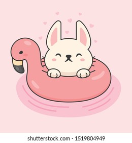 Cute rabbit in a flamingo life ring cartoon animal character vector. Cartoon character design.