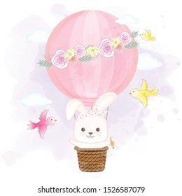 Cute rabbit floating on hot air balloon and birds hand drawn cartoon illustration  